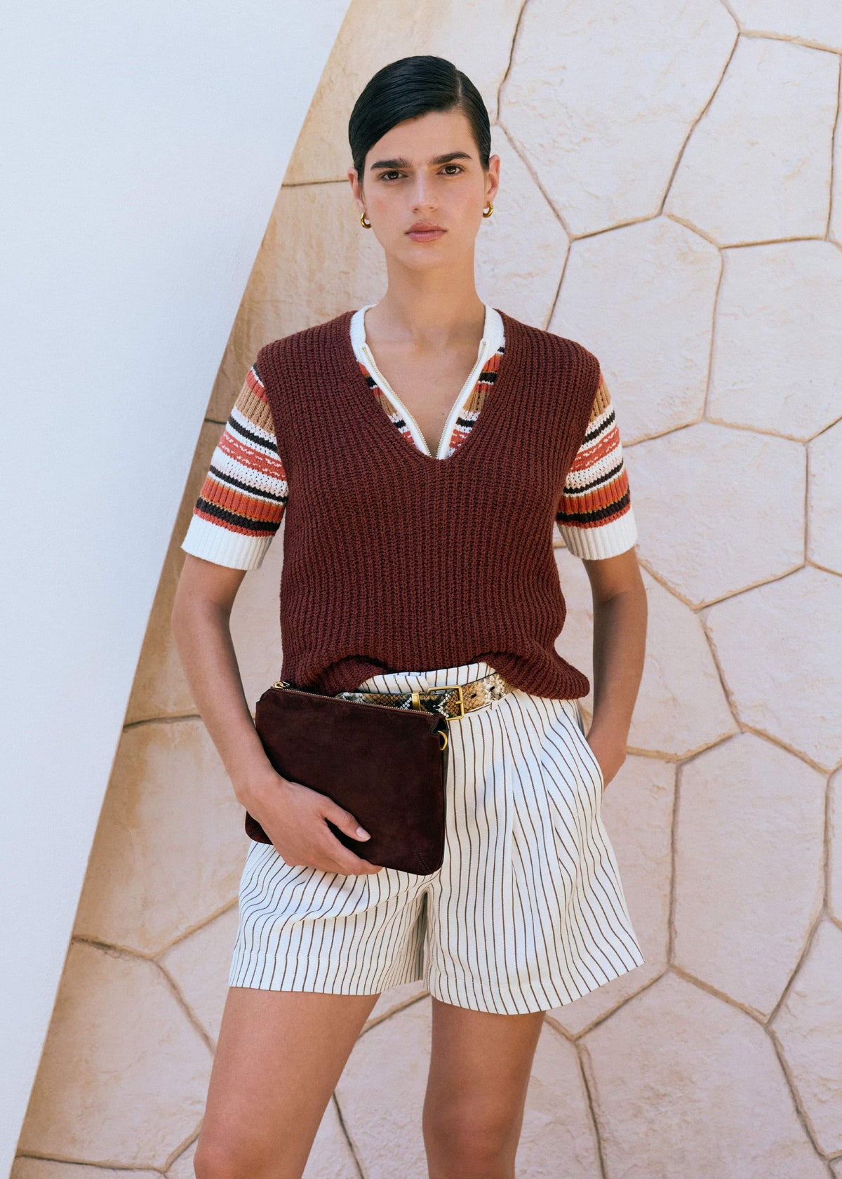 Cinnamon Brown Double Zip Knit Tee | ME+EM