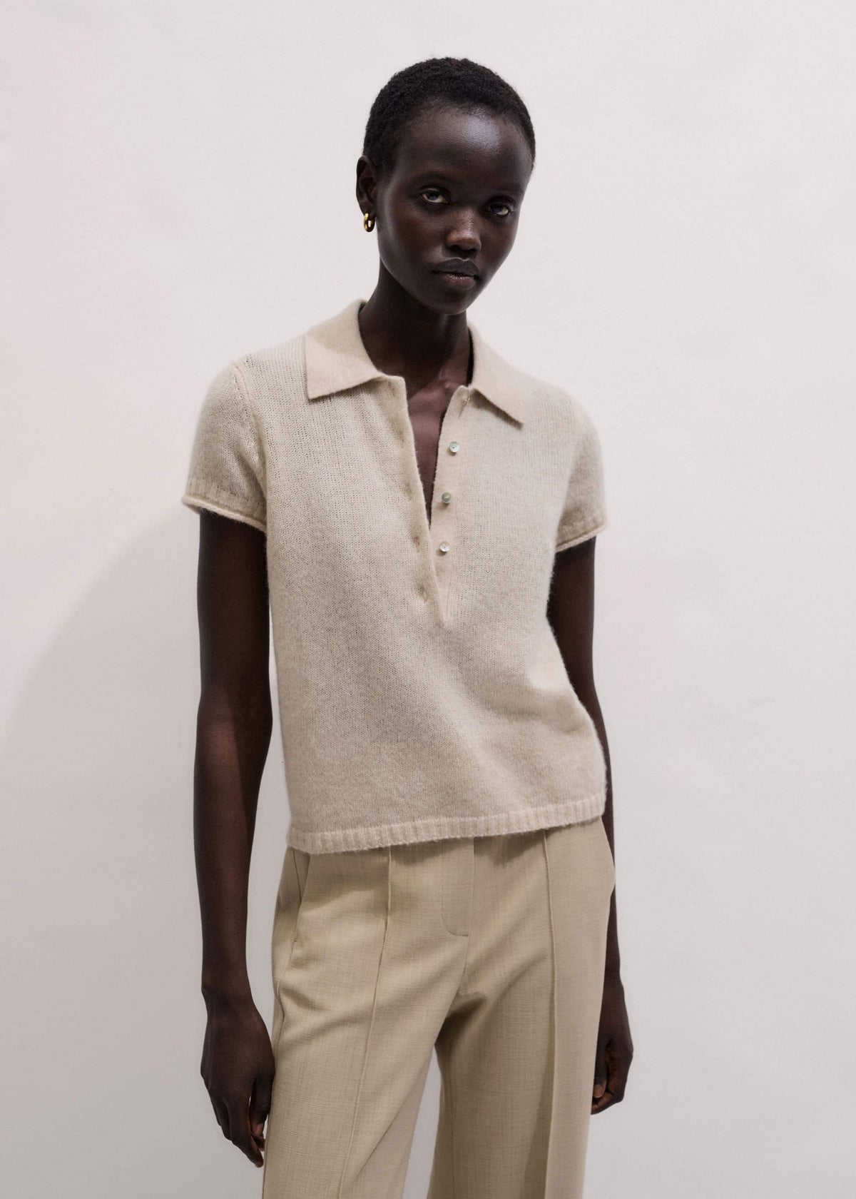 Oatmeal Merino Cashmere Silk Straight Polo Tee | ME+EM