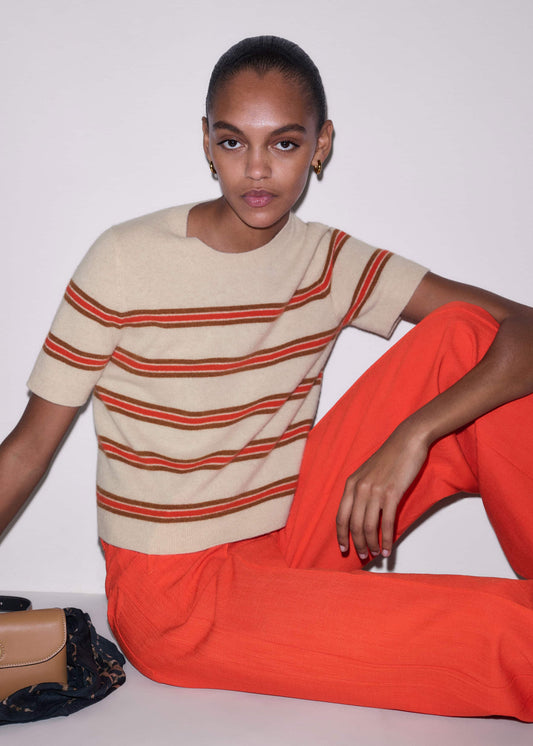 Cream Cashmere Stripe Crop Knit Tee | ME+EM