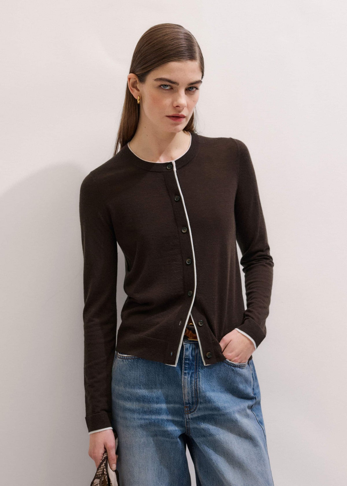 Brown Barely There Contrast Slim Cardigan | ME+EM