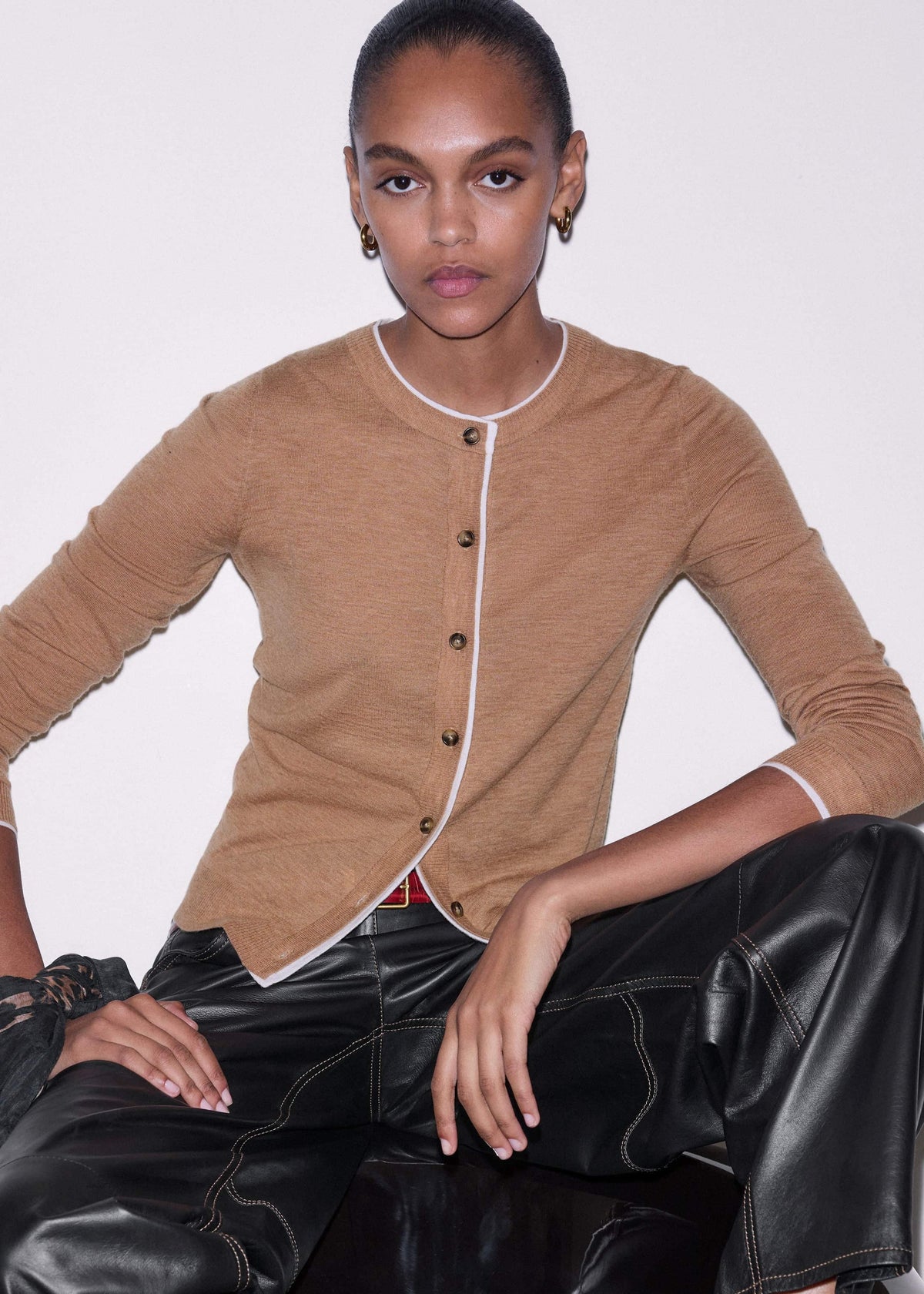 Camel Brown Barely There Contrast Slim Cardigan | ME+EM