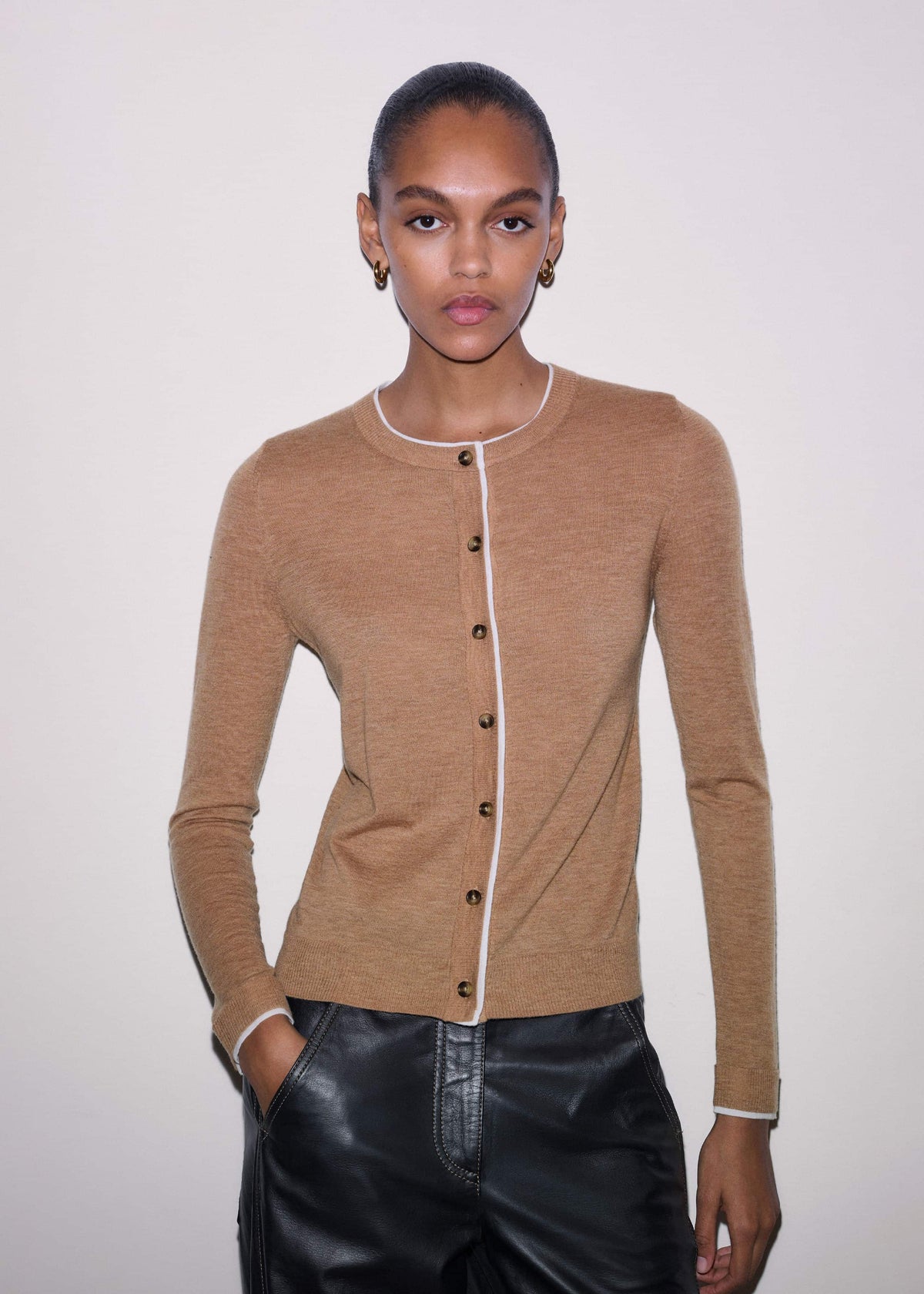 Camel Brown Barely There Contrast Slim Cardigan | ME+EM