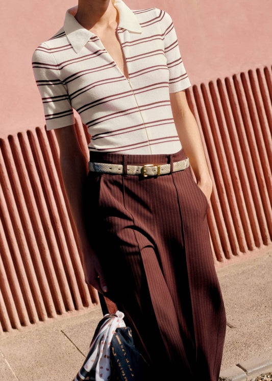Cream Two-Way Zip Stripe Slim Tee | ME+EM