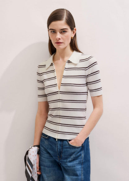 Cream Two-Way Zip Stripe Slim Tee | ME+EM