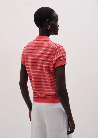 Pink Textured Stripe Straight Sporty Smart Polo Tee | ME+EM