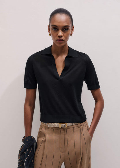 Black Silk Slim Knit Polo Tee | ME+EM