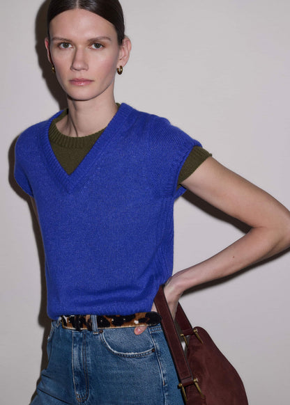 Blue Merino Cashmere Silk V-Neck Baby Tee | ME+EM