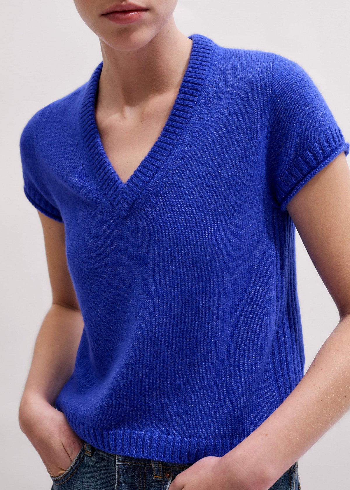 Blue Merino Cashmere Silk V-Neck Baby Tee | ME+EM