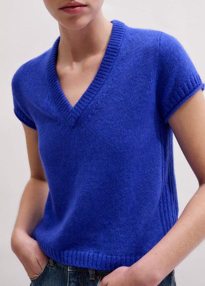 Blue Merino Cashmere Silk V-Neck Baby Tee | ME+EM