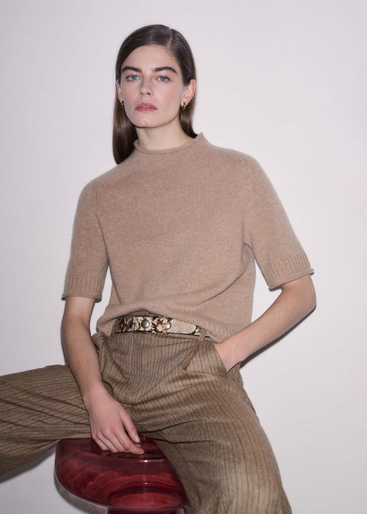 Brown Cashmere Roll Trim Knit Tee | ME+EM