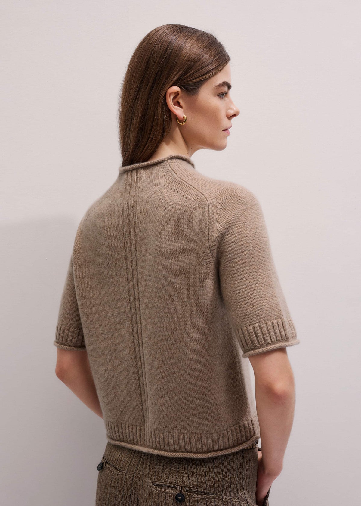 Brown Cashmere Roll Trim Knit Tee | ME+EM