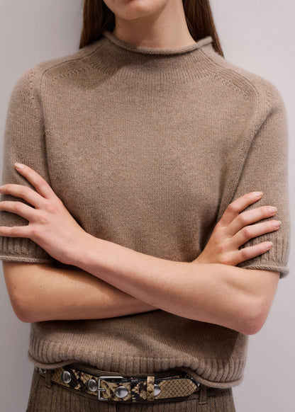 Brown Cashmere Roll Trim Knit Tee | ME+EM