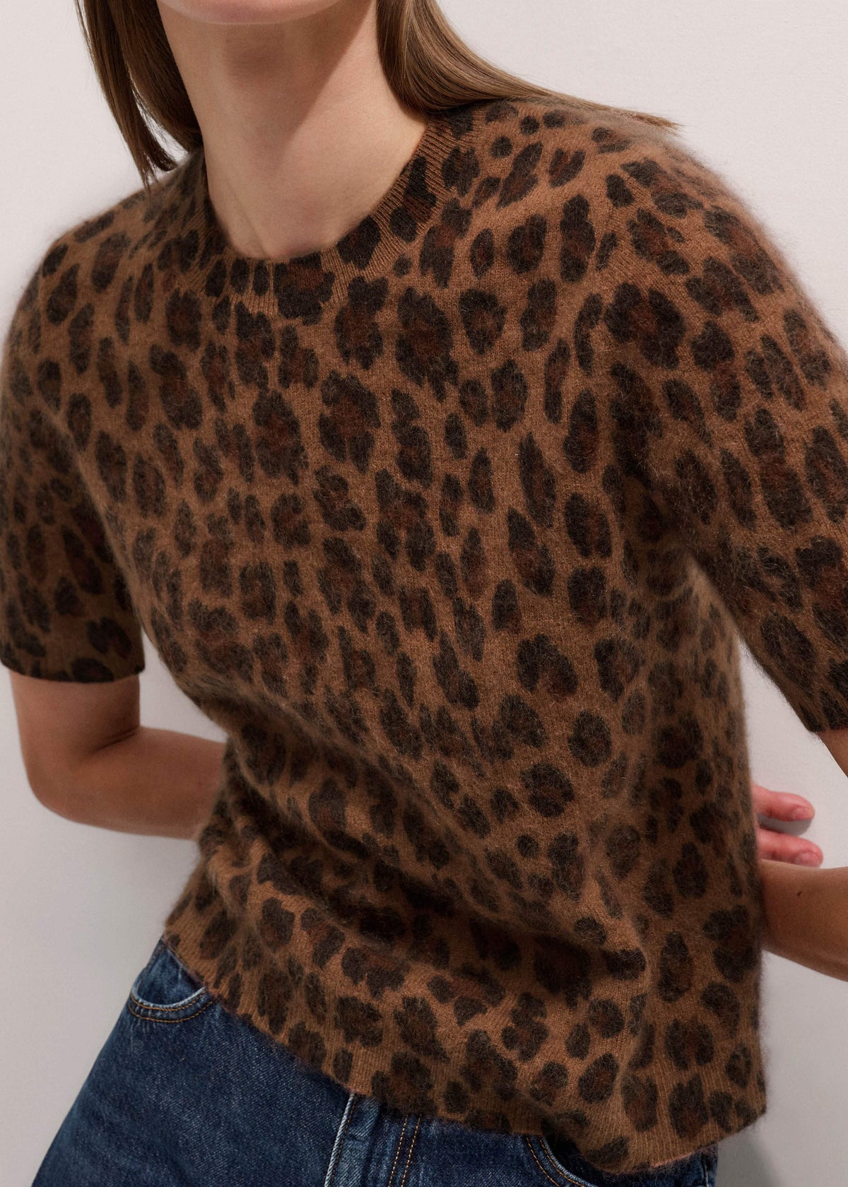Brown Merino Cashmere Leopard Print Straight Knit Tee | ME+EM