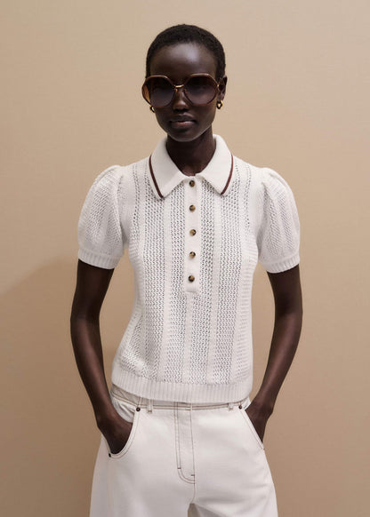 Cream Pointelle Pouf Sleeve Sporty Smart Polo Top | ME+EM