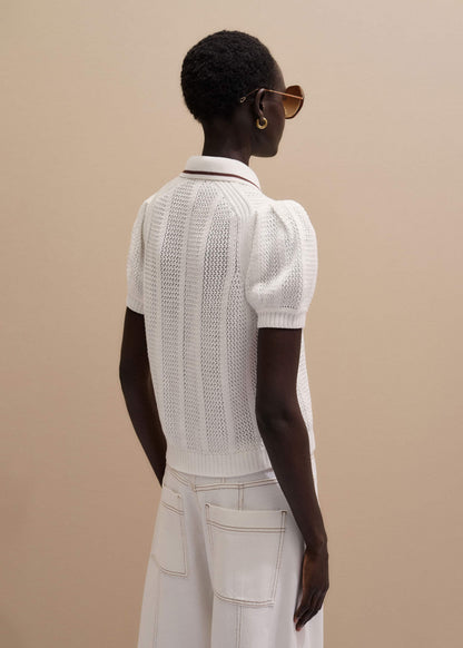 Cream Pointelle Pouf Sleeve Sporty Smart Polo Top | ME+EM