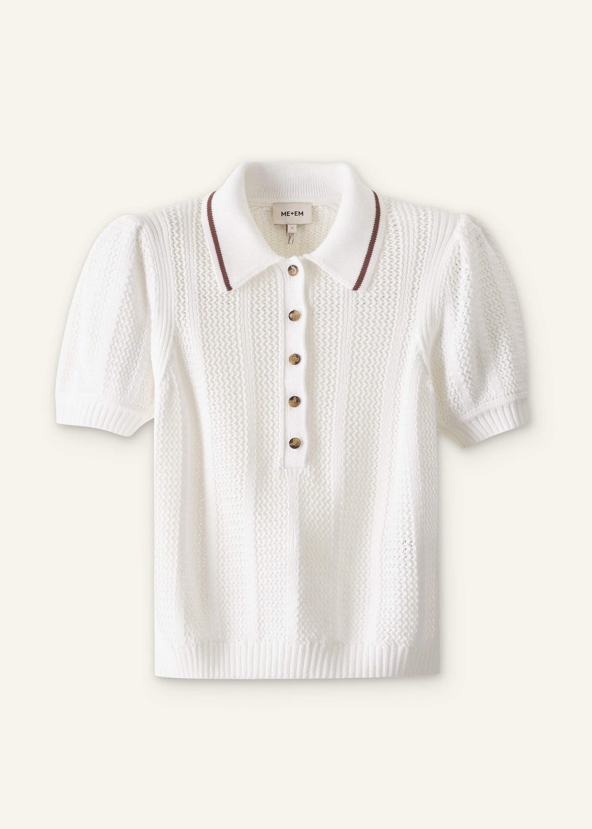 Cream Pointelle Pouf Sleeve Sporty Smart Polo Top | ME+EM