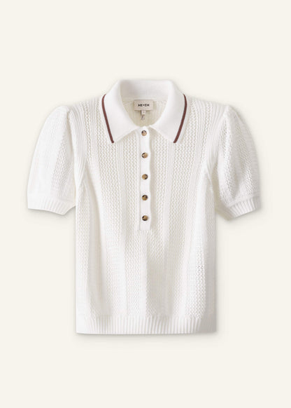Cream Pointelle Pouf Sleeve Sporty Smart Polo Top | ME+EM