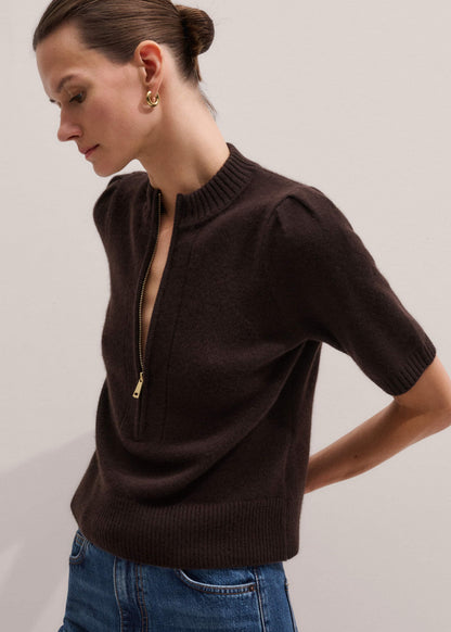 Brown Cashmere Zip Neck Pouf Sleeve Knit Tee | ME+EM
