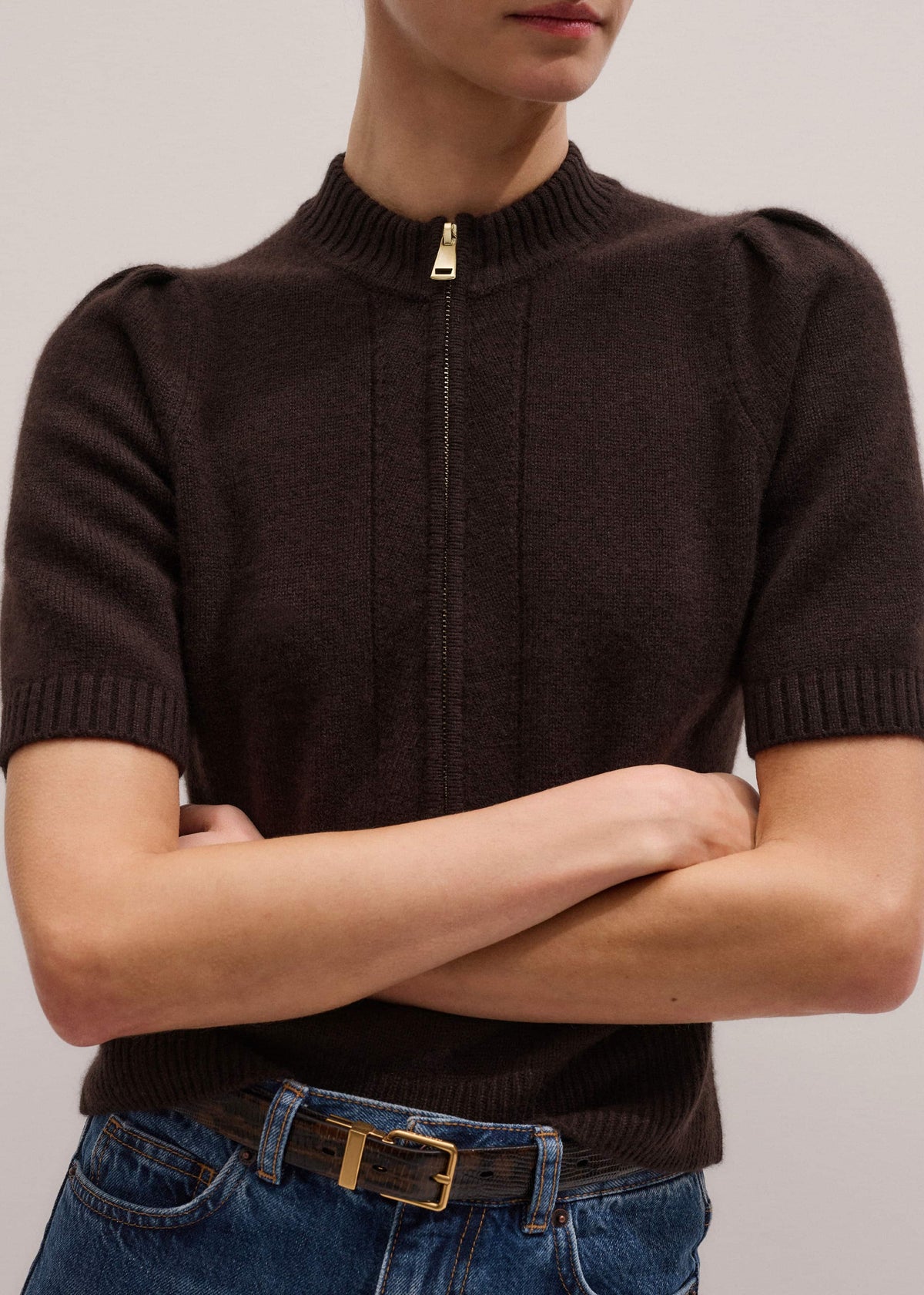 Brown Cashmere Zip Neck Pouf Sleeve Knit Tee | ME+EM