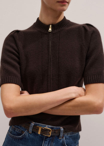 Brown Cashmere Zip Neck Pouf Sleeve Knit Tee | ME+EM