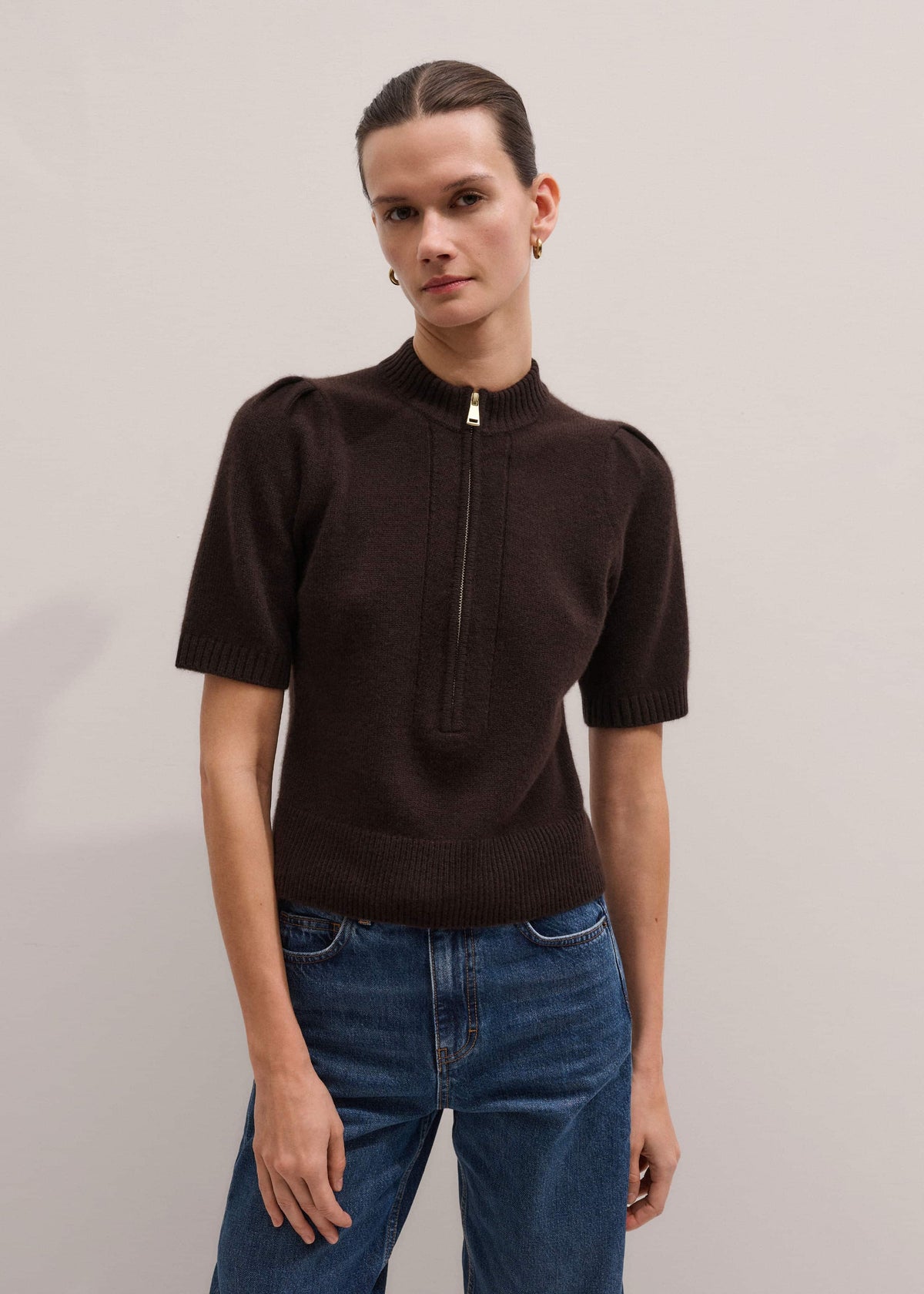 Brown Cashmere Zip Neck Pouf Sleeve Knit Tee | ME+EM