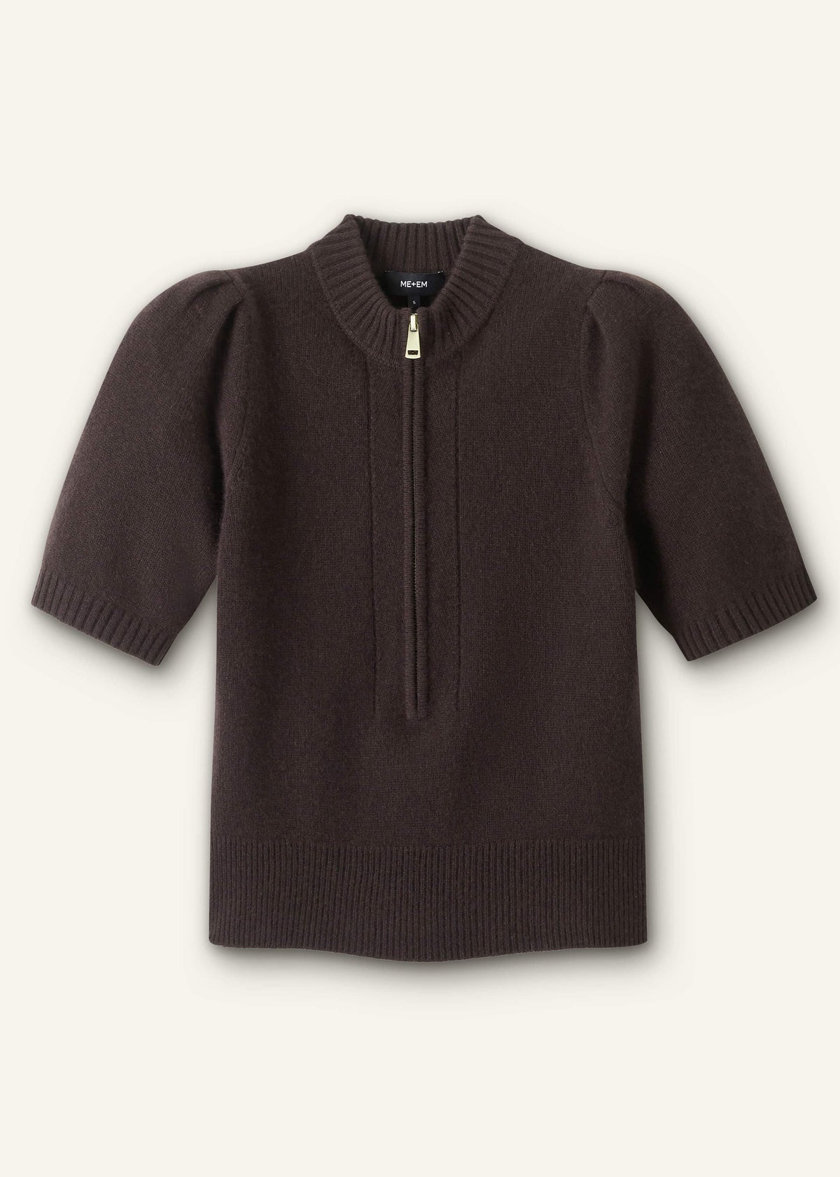 Brown Cashmere Zip Neck Pouf Sleeve Knit Tee | ME+EM