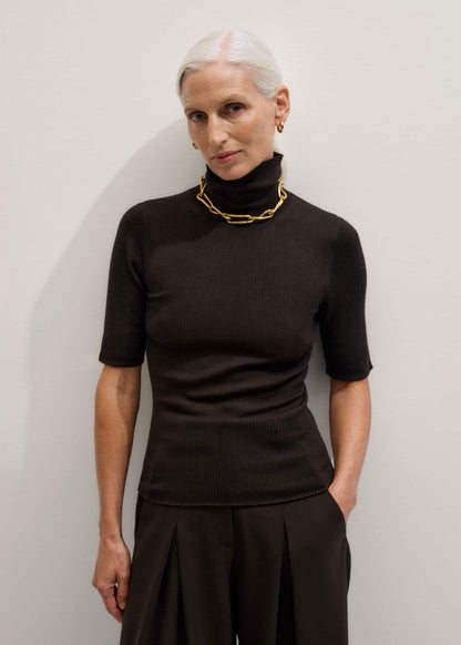 Brown Superfine Ribbed Roll Neck Tee | ME+EM