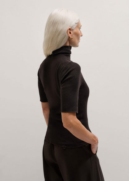 Brown Superfine Ribbed Roll Neck Tee | ME+EM