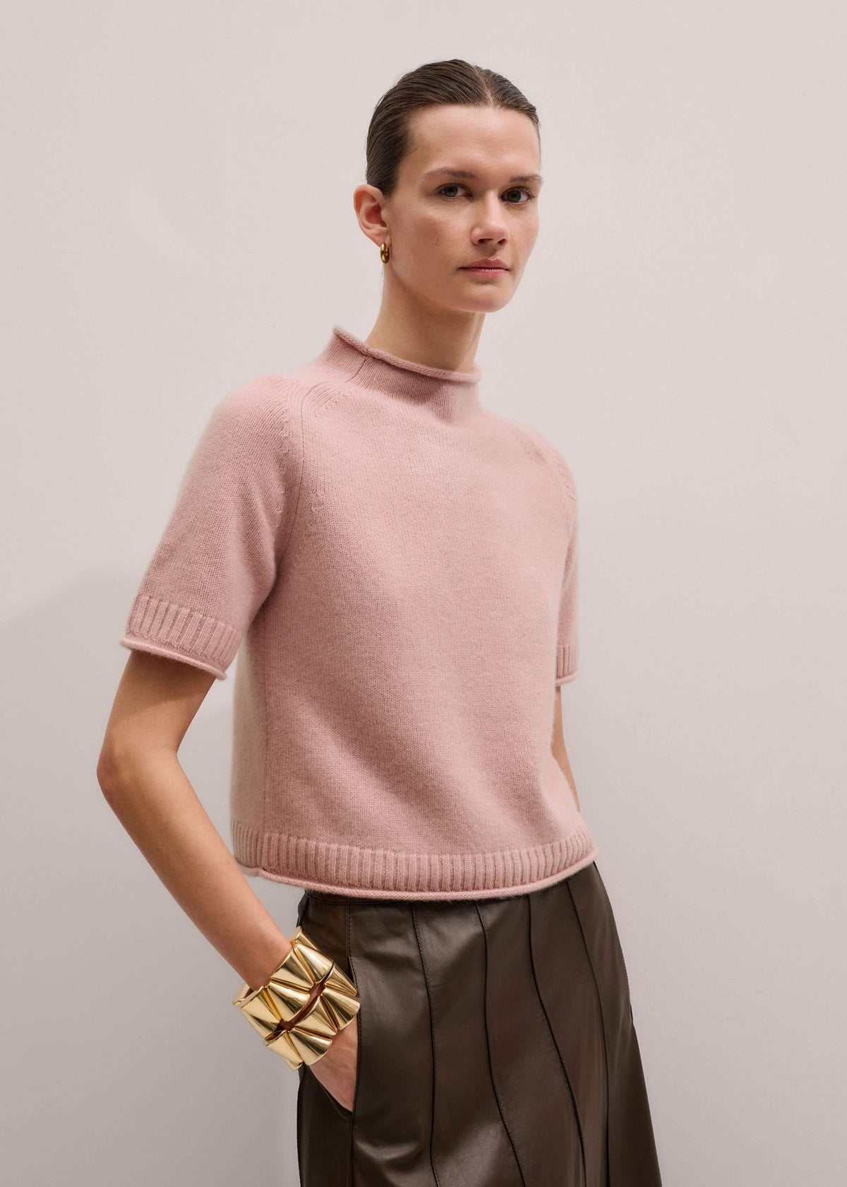 Pink Cashmere Roll Trim Knit Tee | ME+EM