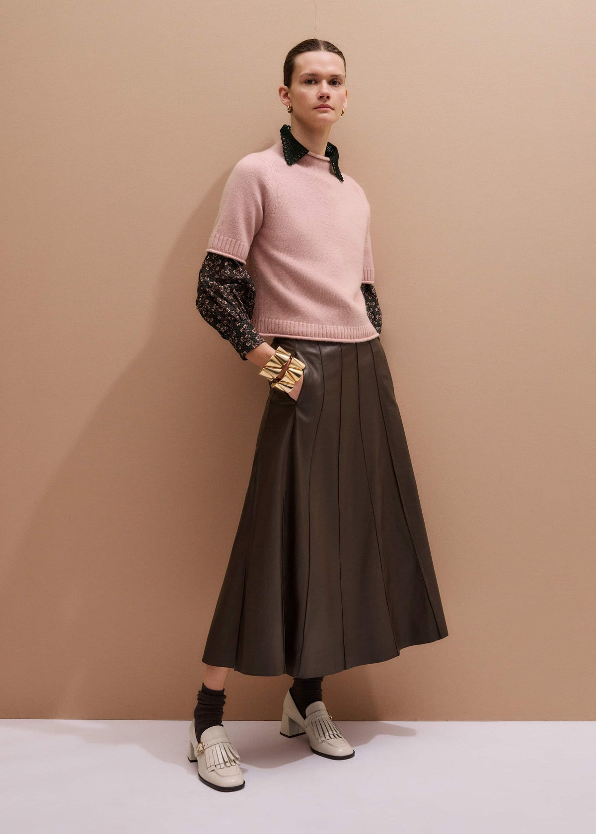 Pink Cashmere Roll Trim Knit Tee | ME+EM