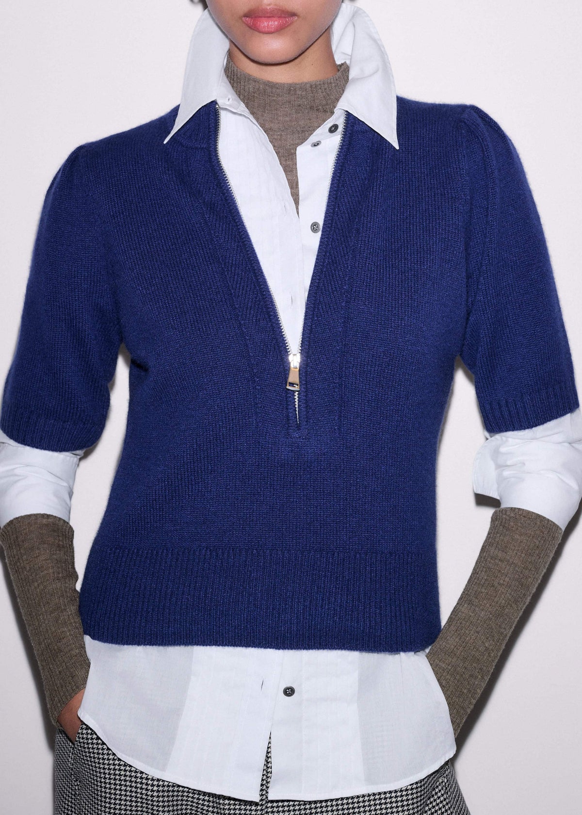 Blue Cashmere Zip Neck Pouf Sleeve Knit Tee | ME+EM