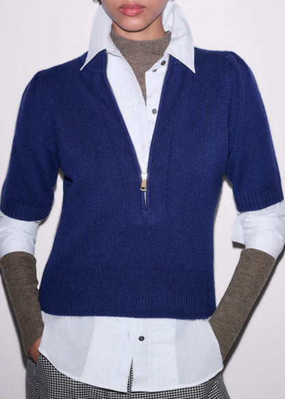 Blue Cashmere Zip Neck Pouf Sleeve Knit Tee | ME+EM