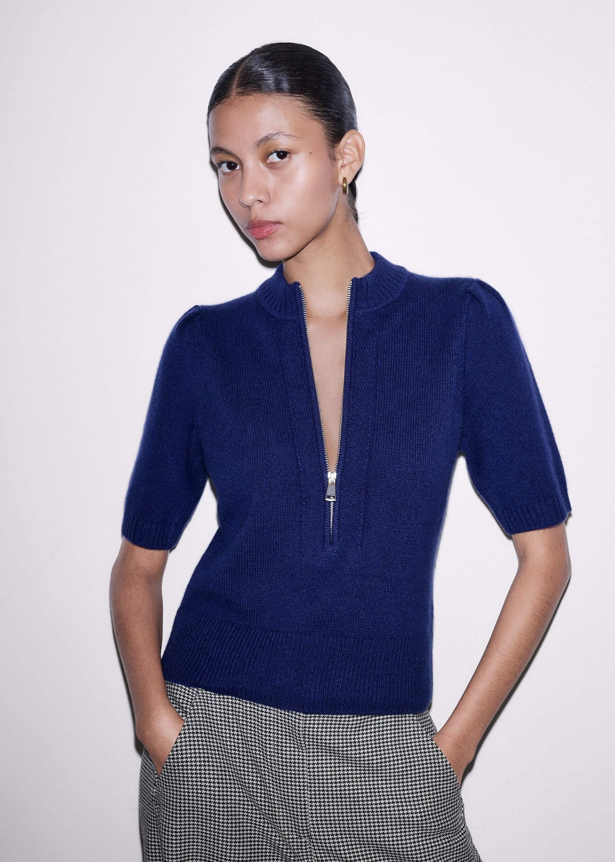 Blue Cashmere Zip Neck Pouf Sleeve Knit Tee | ME+EM