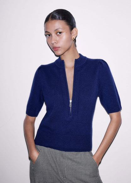 Blue Cashmere Zip Neck Pouf Sleeve Knit Tee | ME+EM