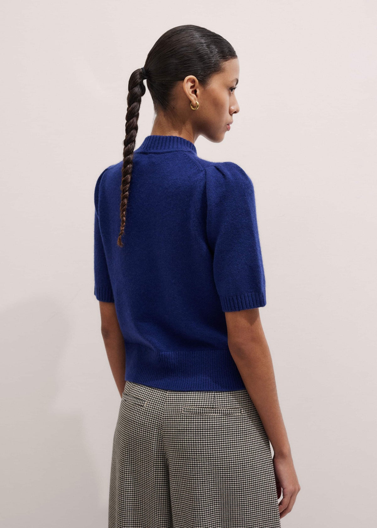 Blue Cashmere Zip Neck Pouf Sleeve Knit Tee | ME+EM