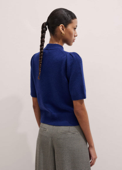 Blue Cashmere Zip Neck Pouf Sleeve Knit Tee | ME+EM