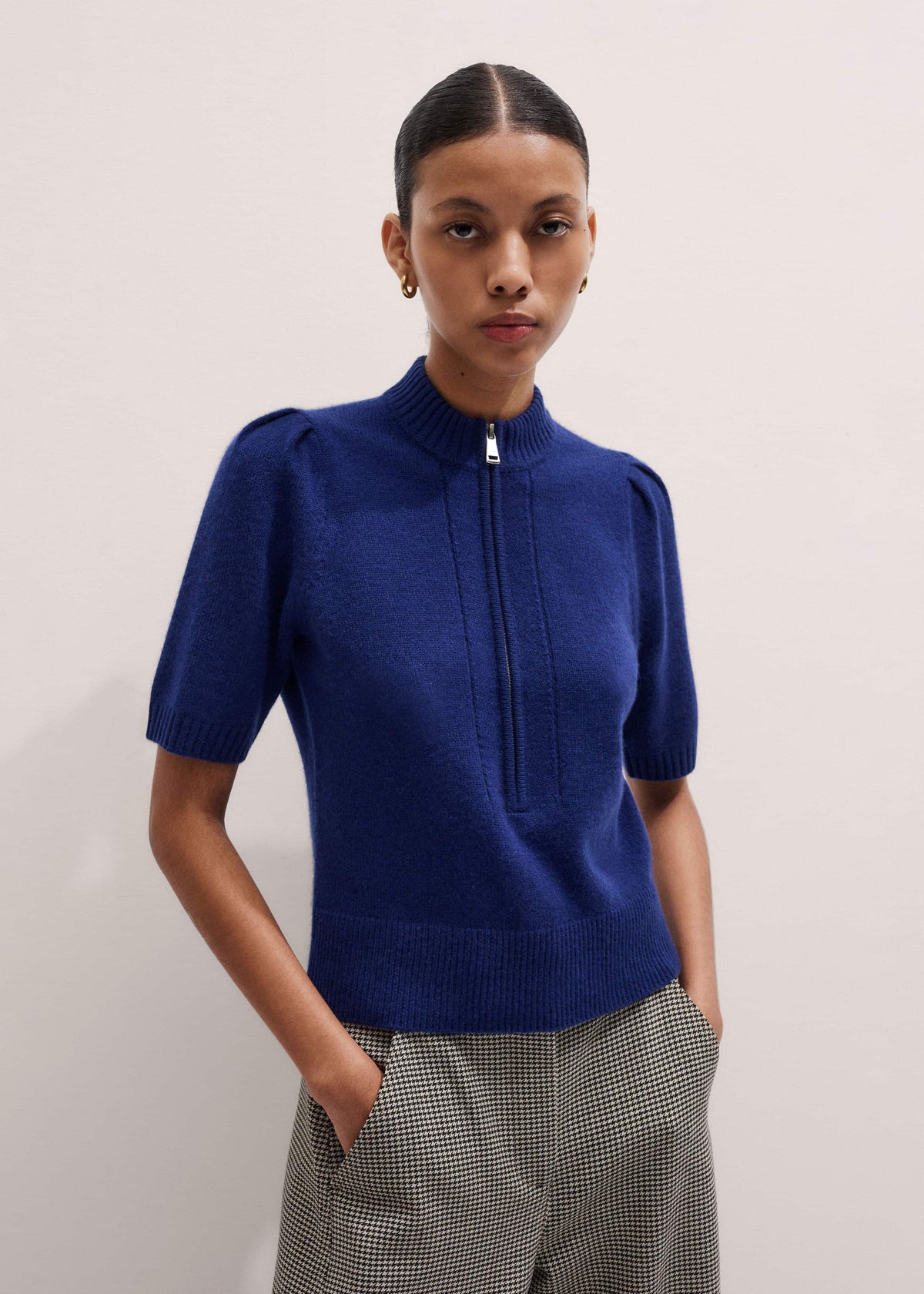 Blue Cashmere Zip Neck Pouf Sleeve Knit Tee | ME+EM