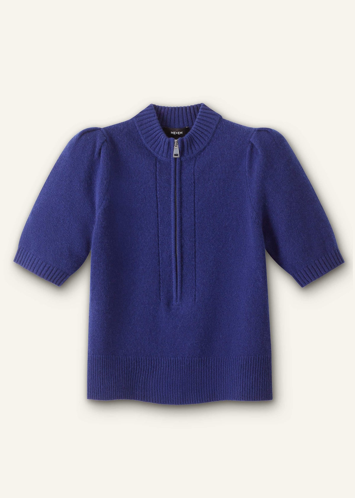 Blue Cashmere Zip Neck Pouf Sleeve Knit Tee | ME+EM