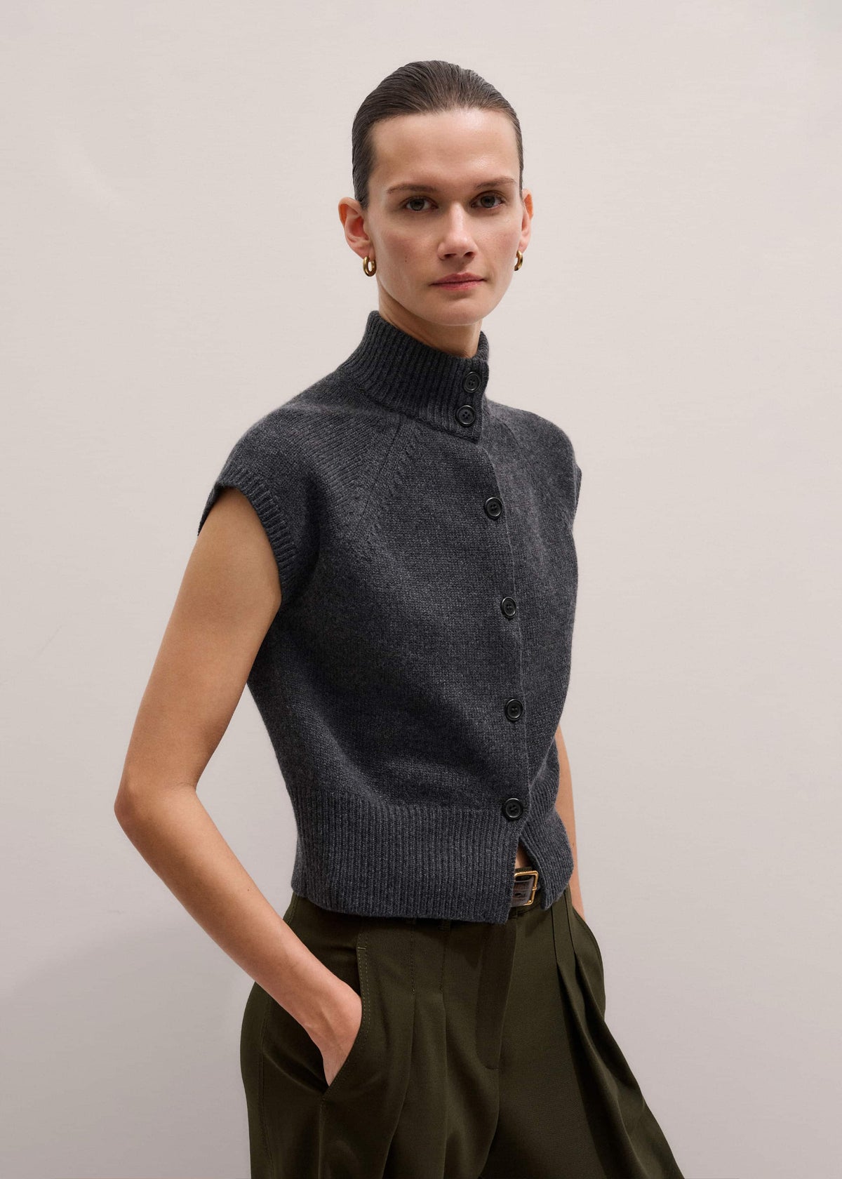 Grey High Neck Relaxed Vest | ME+EM