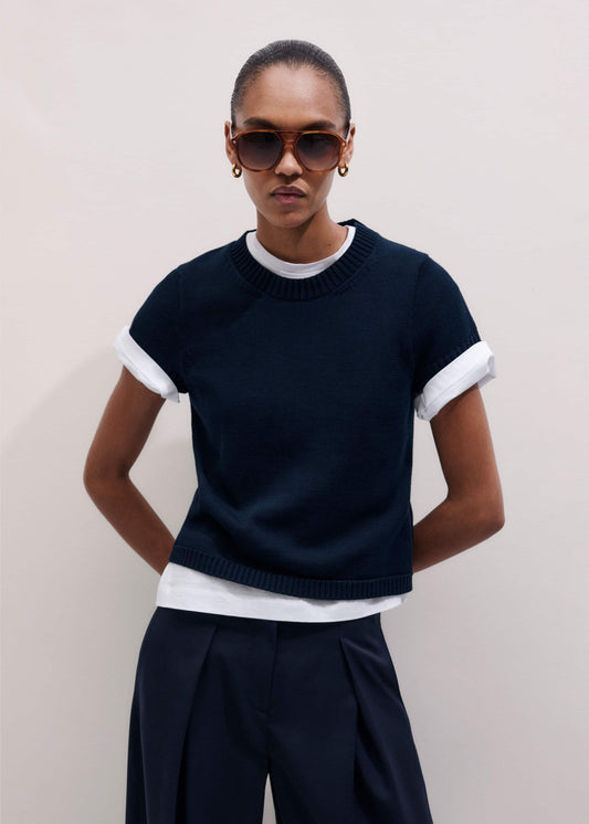 Navy Shrunken Straight Knit Baby Tee | ME+EM