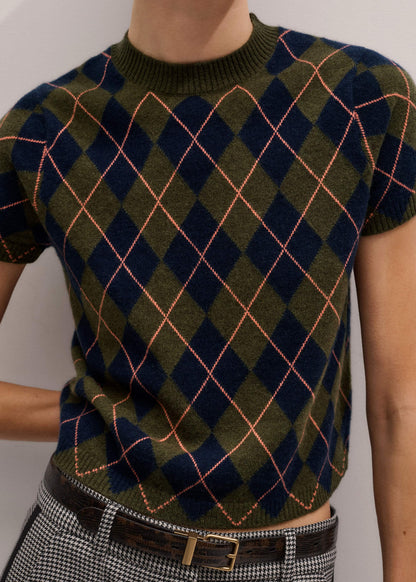 Olive Green Cashmere Argyle Knit Baby Tee | ME+EM