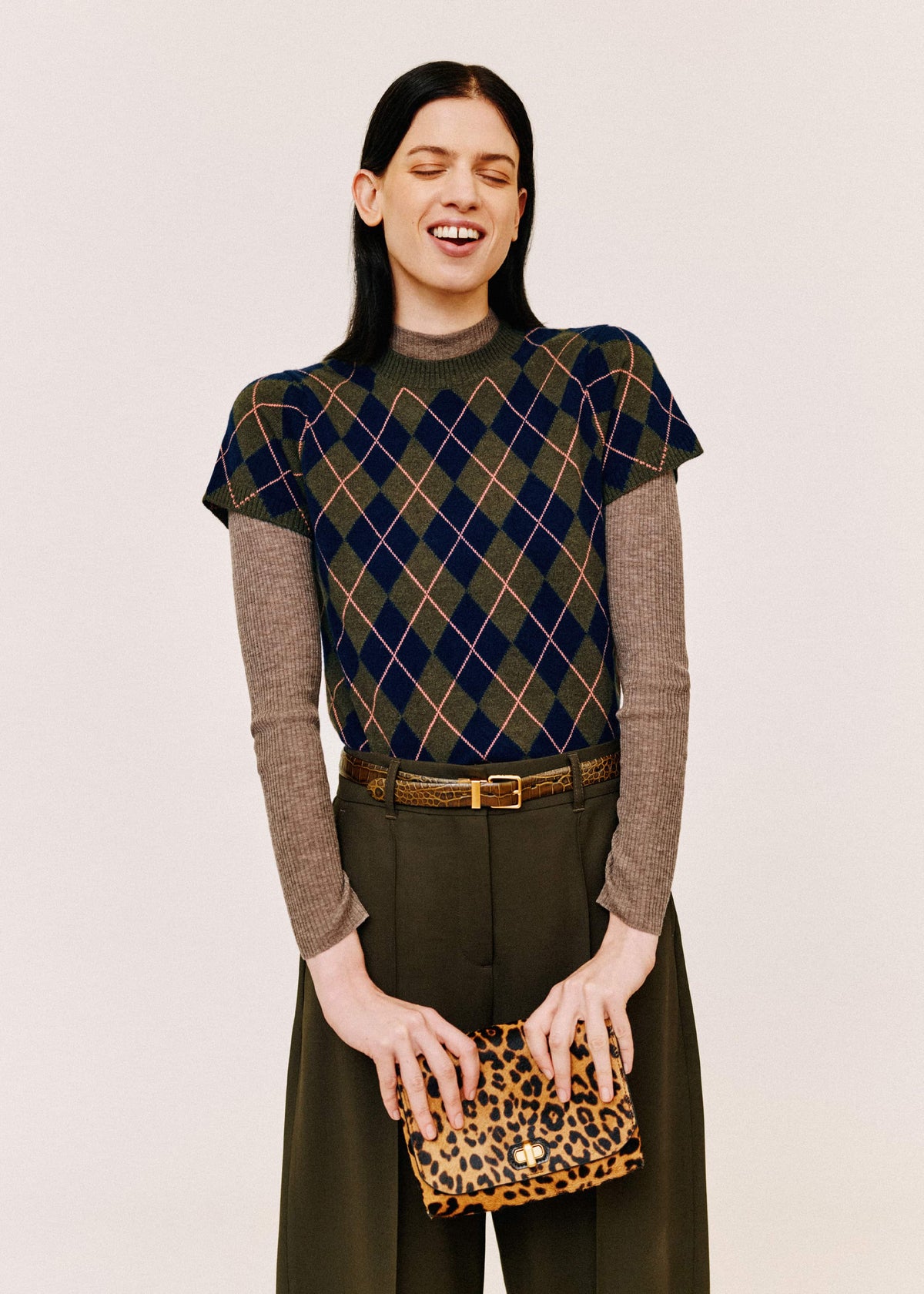 Olive Green Cashmere Argyle Knit Baby Tee | ME+EM