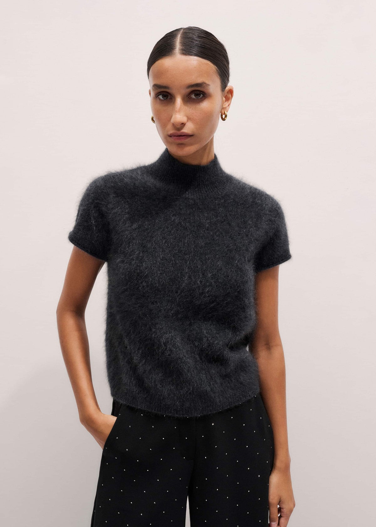 Gray Brushed Cashmere High Neck Baby Tee | ME+EM
