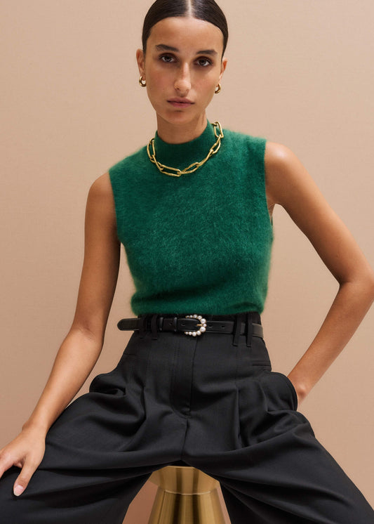Green Brushed Cashmere High Neck Slim Sweater Vest | ME+EM