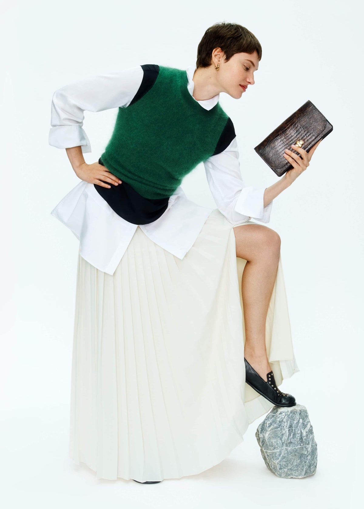 Green Brushed Cashmere High Neck Slim Sweater Vest | ME+EM