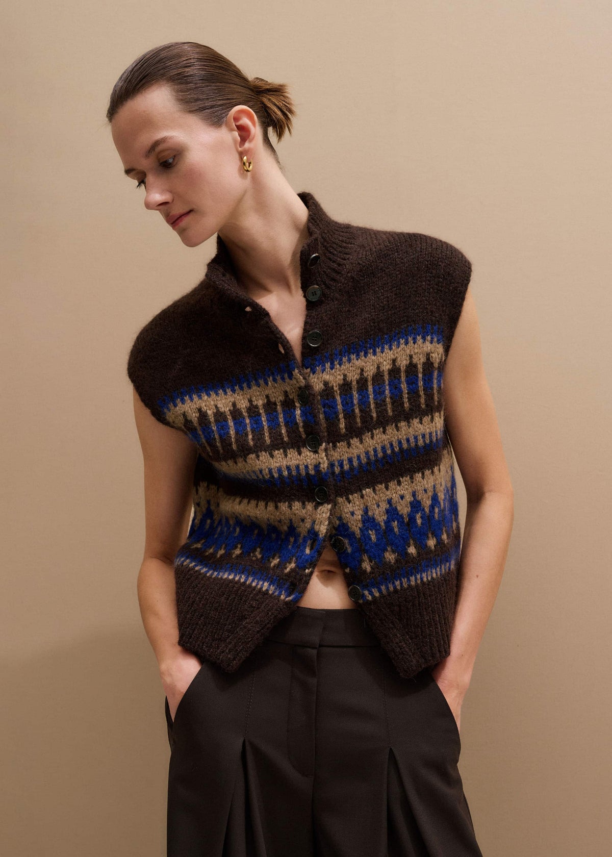 Brown Button-Through Relaxed Jacquard Vest | ME+EM