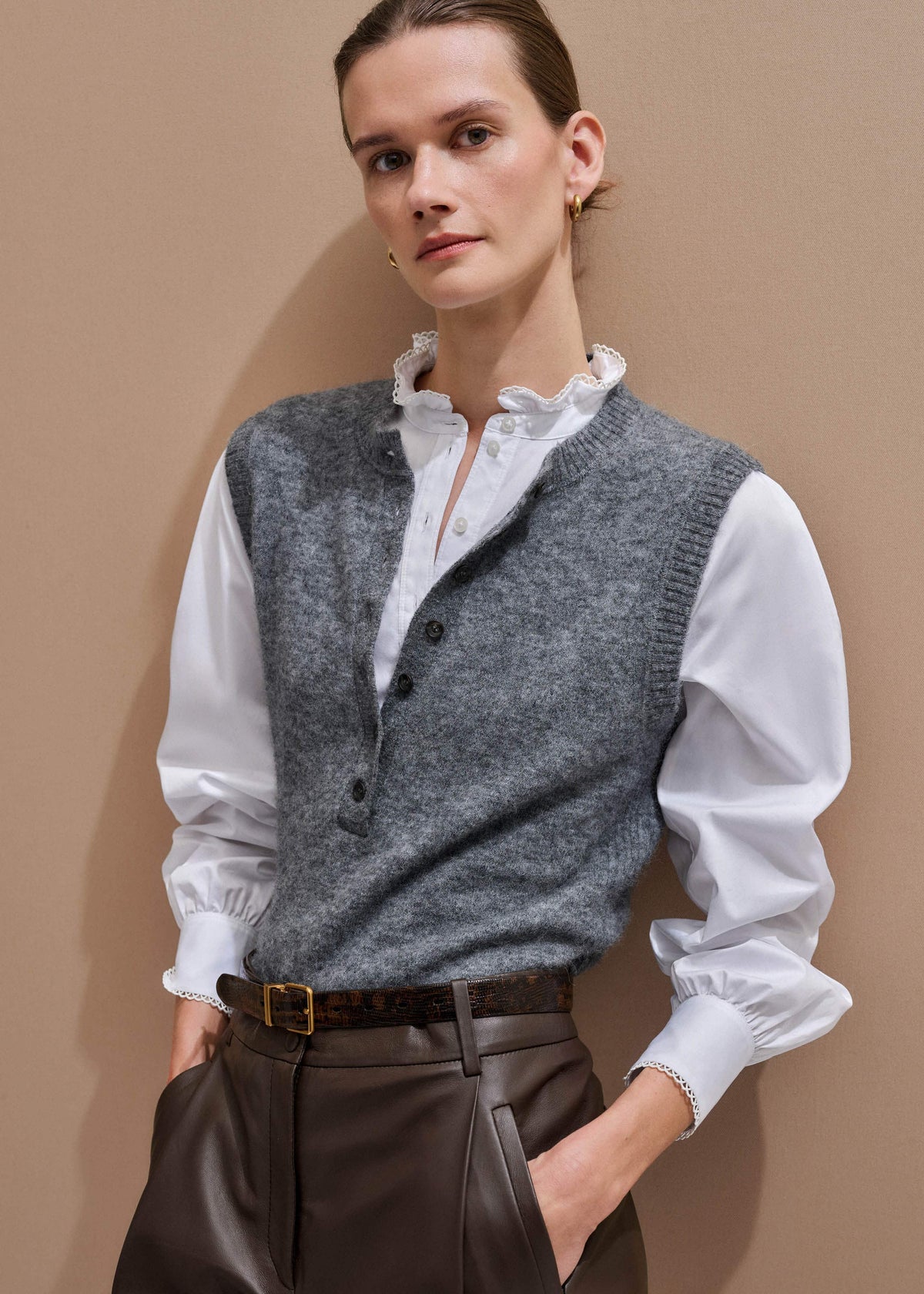 Grey Henley Straight Knit Vest | ME+EM