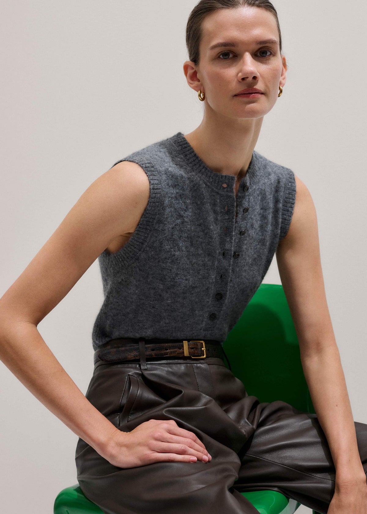 Grey Henley Straight Knit Vest | ME+EM