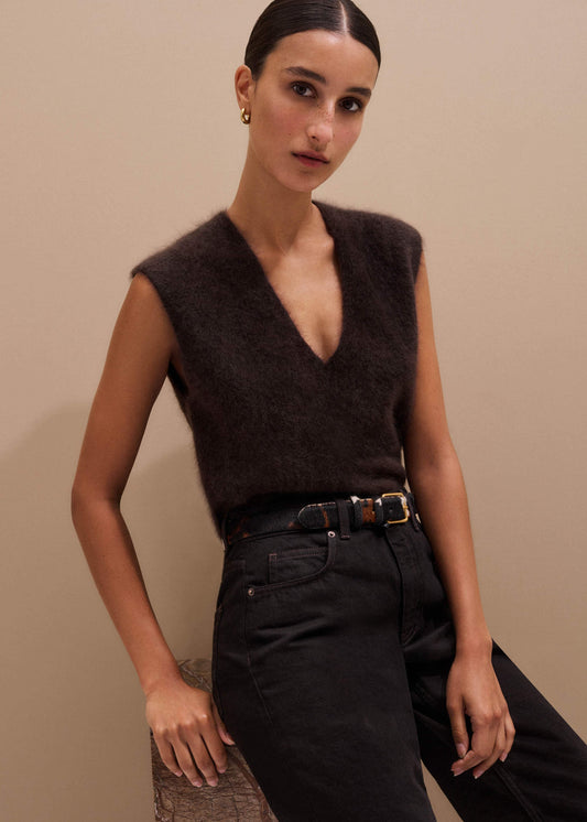 Brown Brushed Cashmere V-Neck Sweater Vest | ME+EM