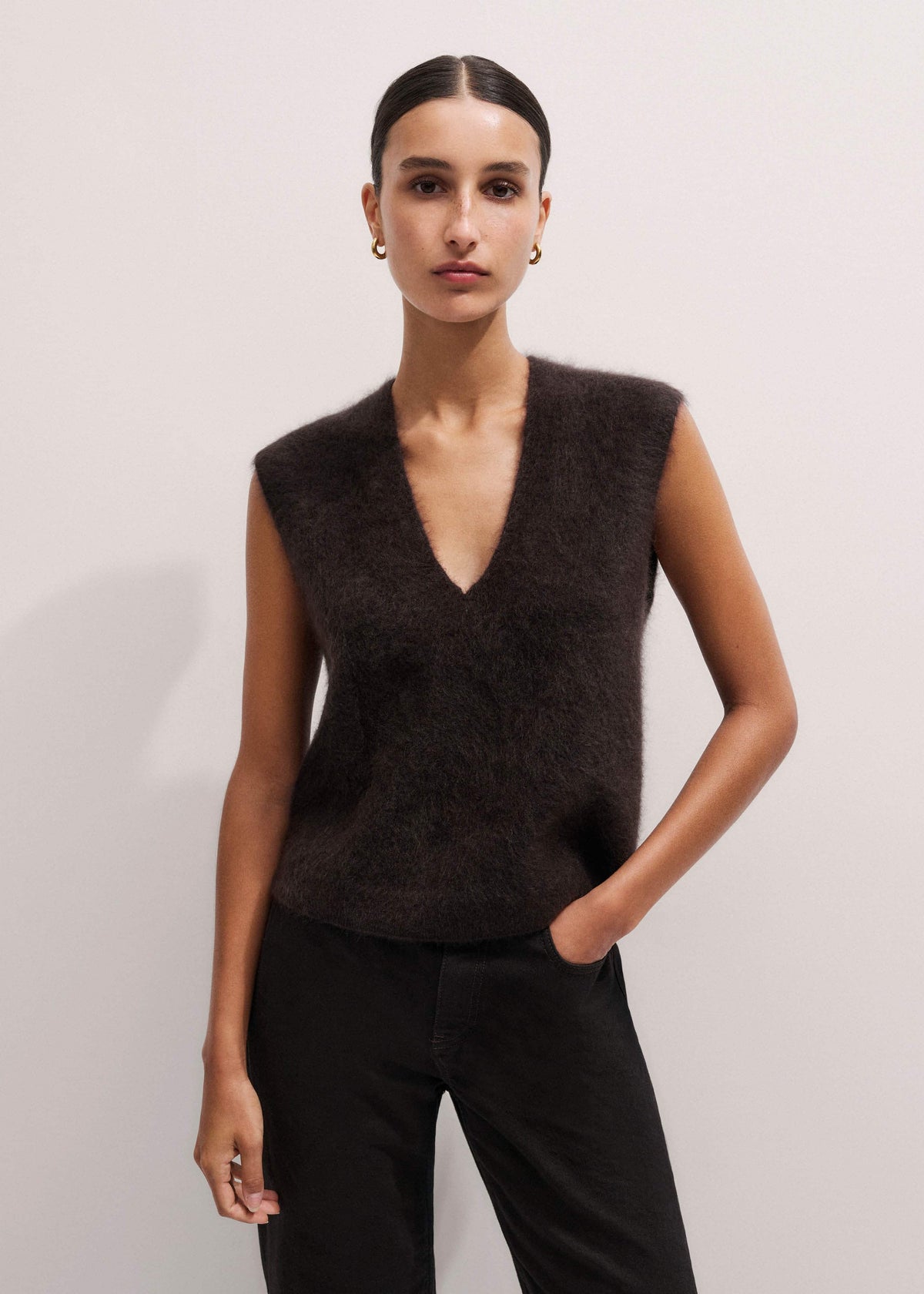 Brown Brushed Cashmere V-Neck Sweater Vest | ME+EM